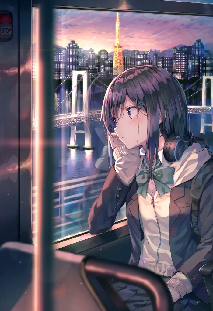 Anime Girl Purple Hair Cityscape Bridge