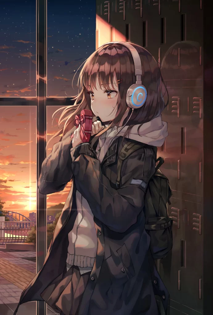 Anime Girl Sunset Headphones Backpack