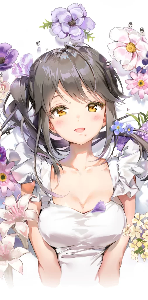 Anime Girl White Dress Flowers Purple