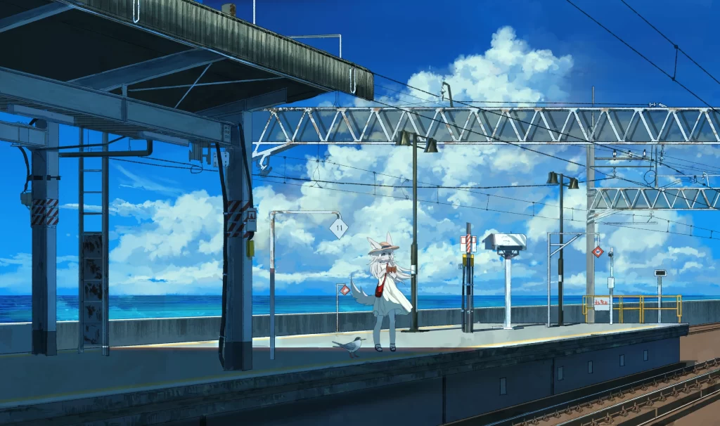 Anime Girl White Hair Dress Train