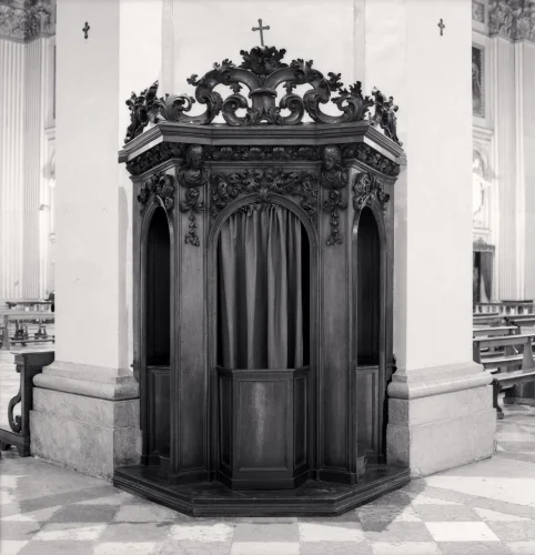Architecture Ornate Carvings High Contrast Mysterious Church Confessional Booth
