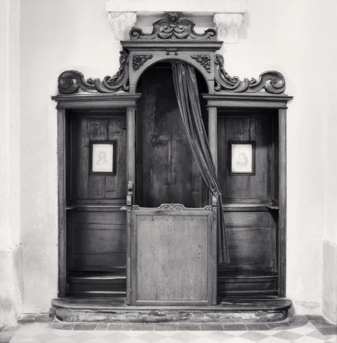 Architecture Ornate Wood Carving High Contrast Mysterious Confessional Booth