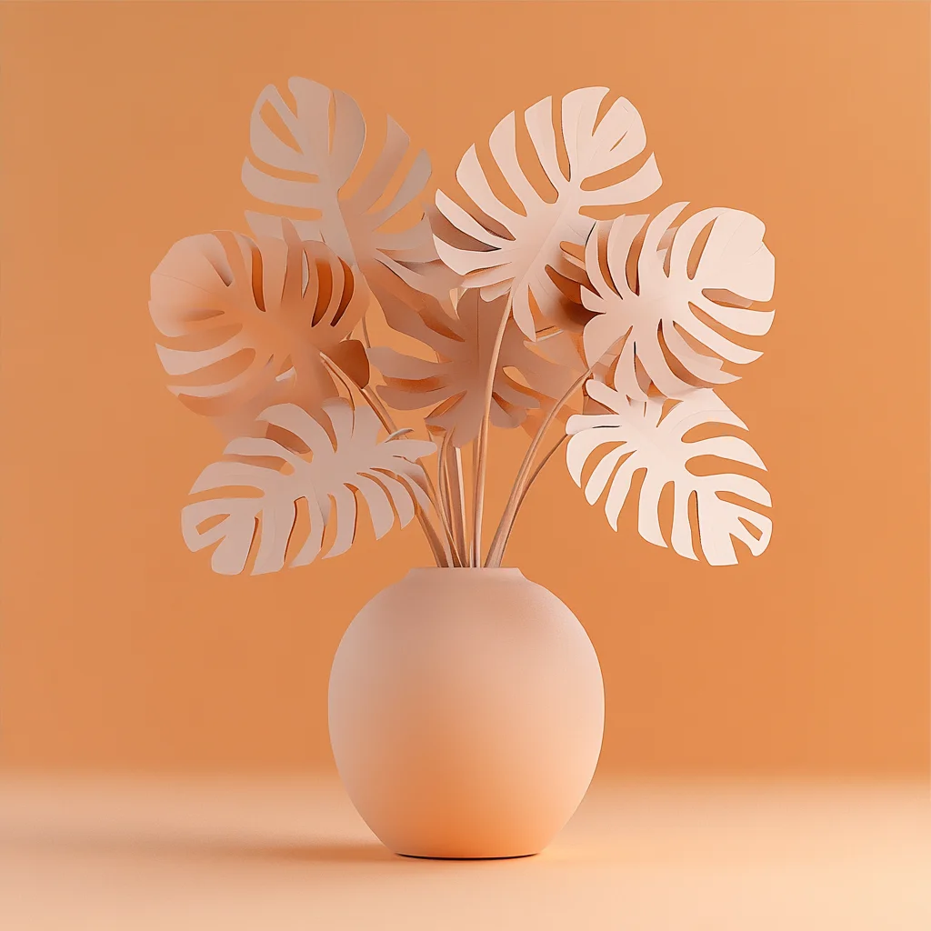 art 3D monstera leaves vase orange paper yellow
