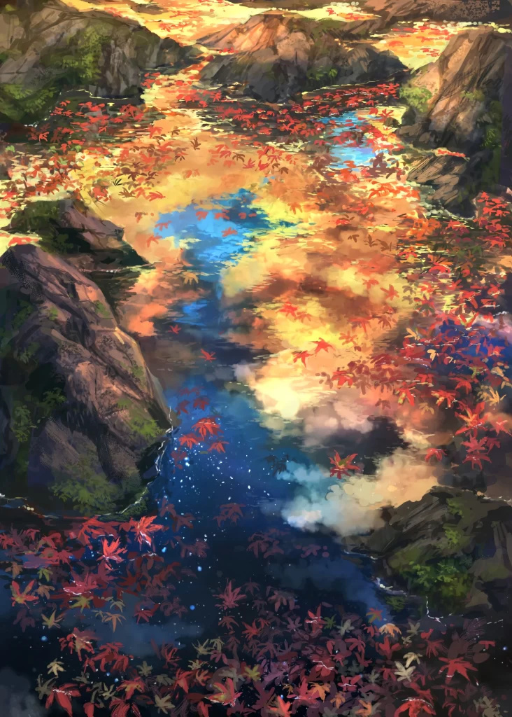 Autumnal Stream Red Orange Blue Rocks
