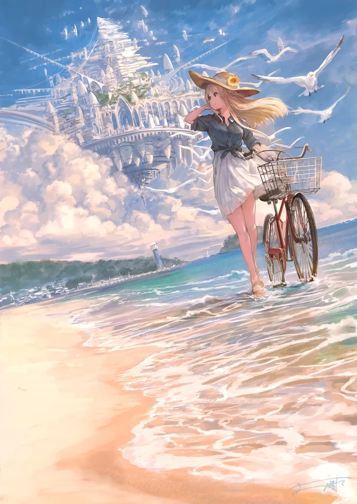 Beach Girl Blue White Bicycle Seagulls