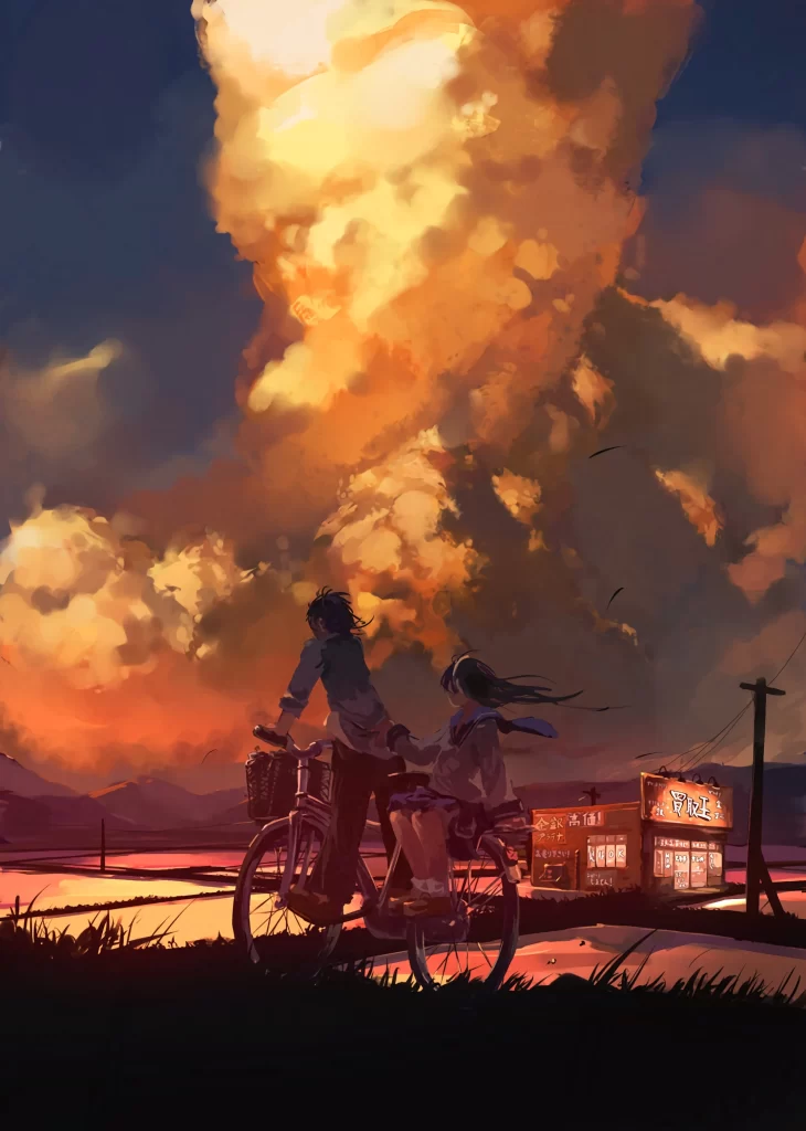 Bicycle Ride Sunset Clouds Silhouettes Romantic
