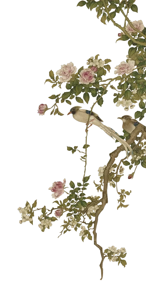 Birds Flowers Green Pink Traditional Chinese