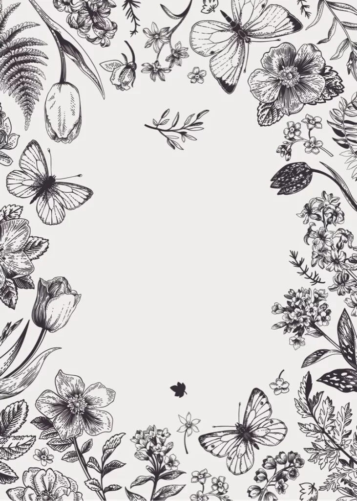 Black and White Botanical Illustration Flowers and Butterflies