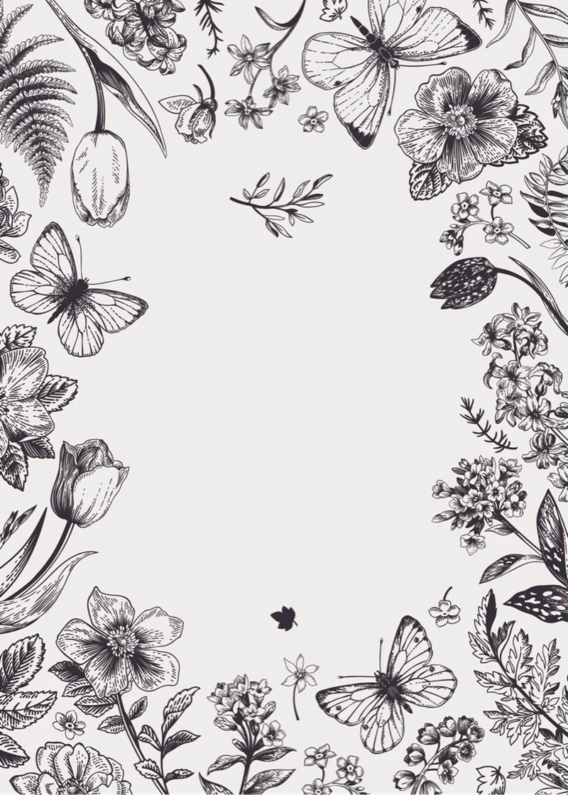 Black and white botanical illustration flowers and butterflies engraving
