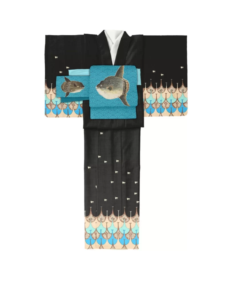 Black Blue Fish Pattern Kimono