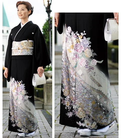 Black Floral Kimono Silk Crane Elegant Ceremonial