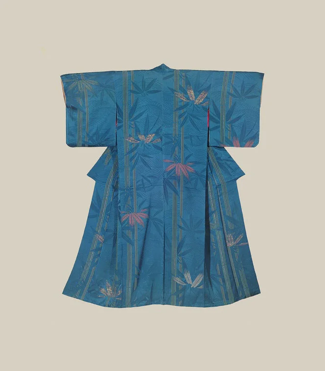 Blue Bamboo Kimono Silk Stripe Elegant Ceremonial