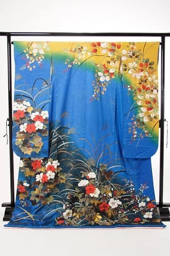 Blue Floral Kimono Silk Cherry Blossom Elegant Ceremonial