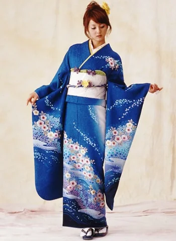 Blue Floral Kimono Silk Cherry Blossom Elegant Ceremonial