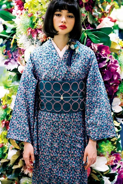Blue Floral Kimono Silk Cherry Blossom Elegant Ceremonial