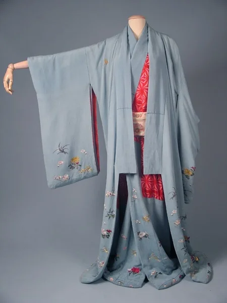 Blue Floral Kimono Silk Cherry Blossom Elegant Ceremonial