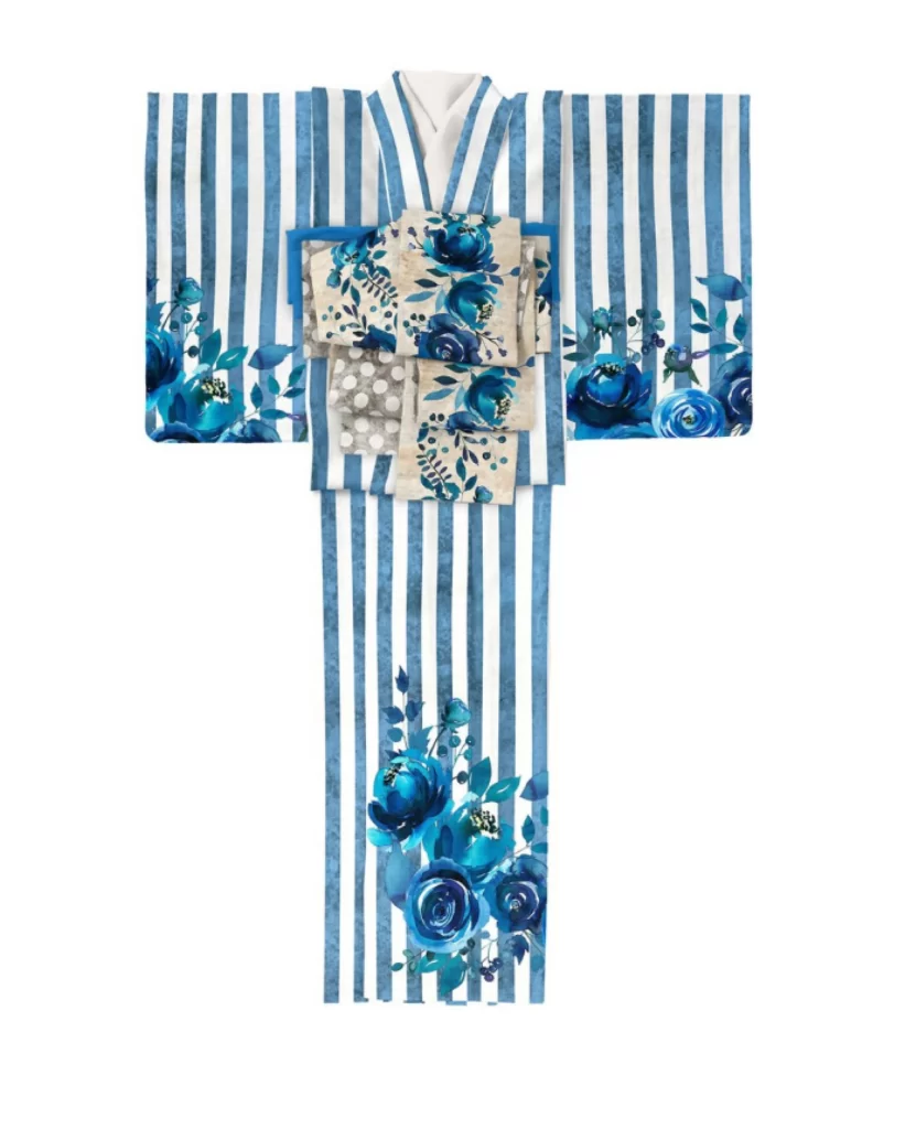 Blue Floral Striped Kimono