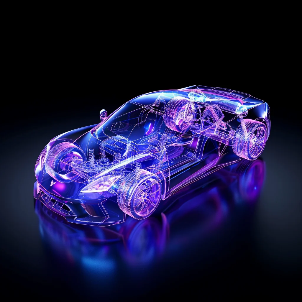 blue roadster 3D sports car transparent structure purple