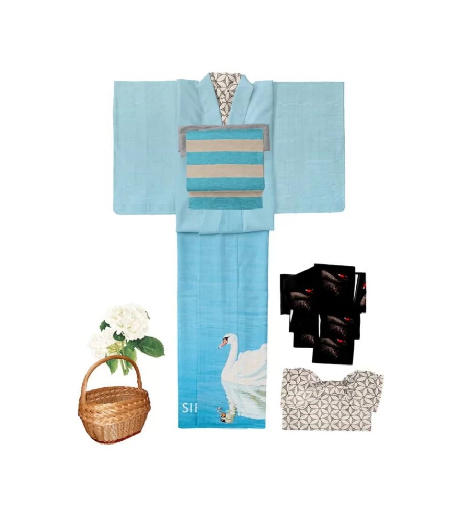 Blue Swan Pattern Kimono