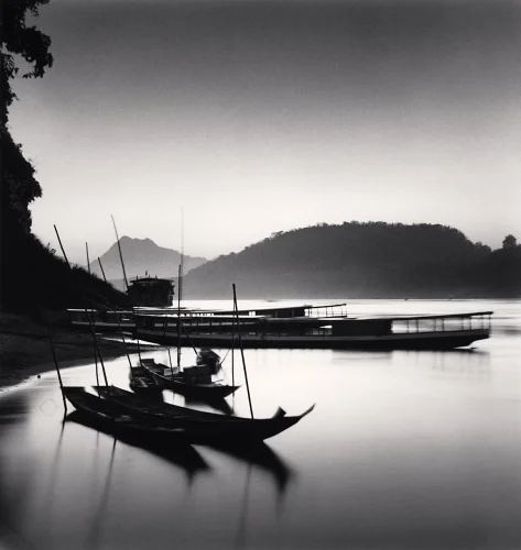 Boats Water Reflections Silhouettes Mountains Misty Calm
