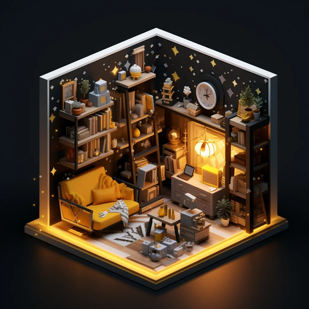 bookcase home study indoor space scene isometric 3D model