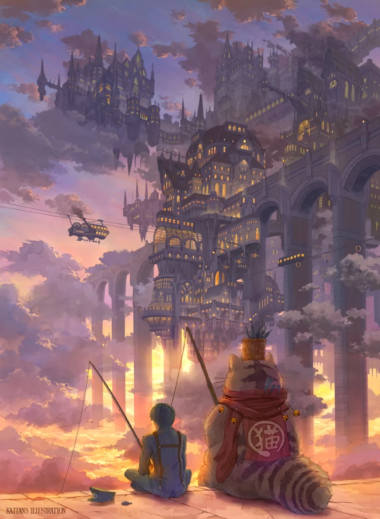 Boy Cat Fishing Rods Sunset Castle