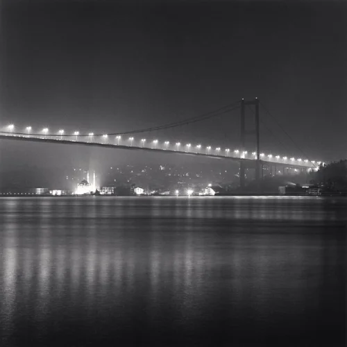 Bridge Illuminated Nighttime Reflective Water Cityscape