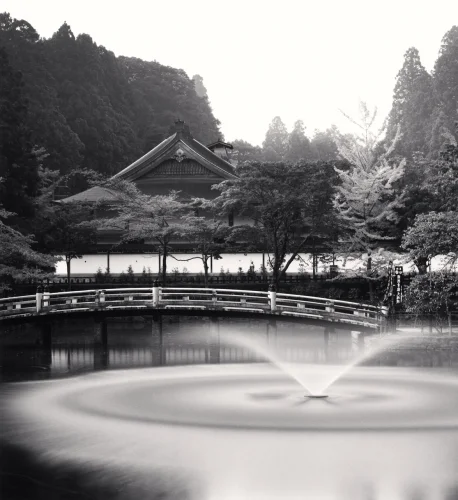 Bridge Water Fountain Trees Traditional Building Monochrome
