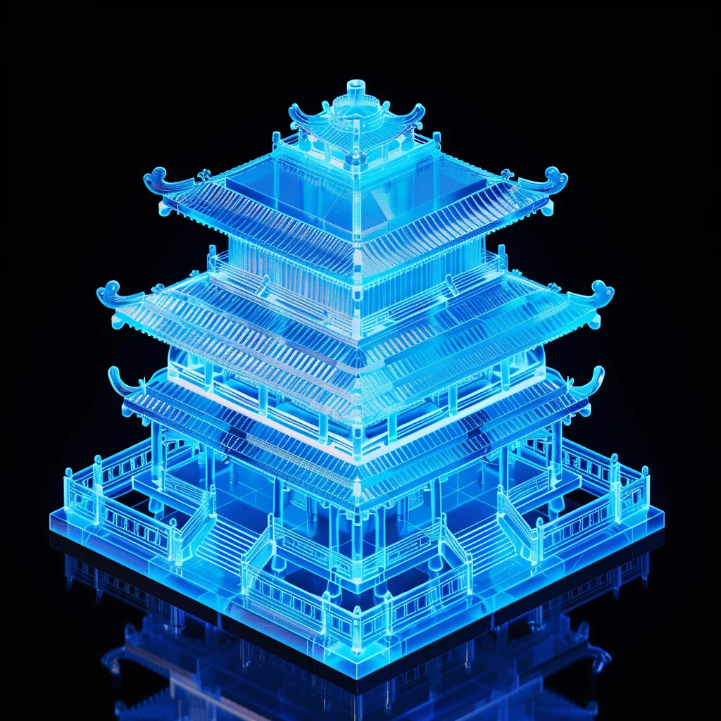 building Chinese ancient 3D blue transparent structure