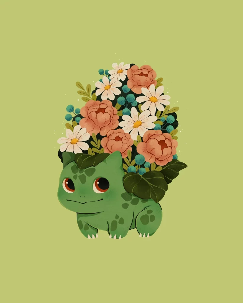 Bulbasaur Green Pink White Nature Whimsical