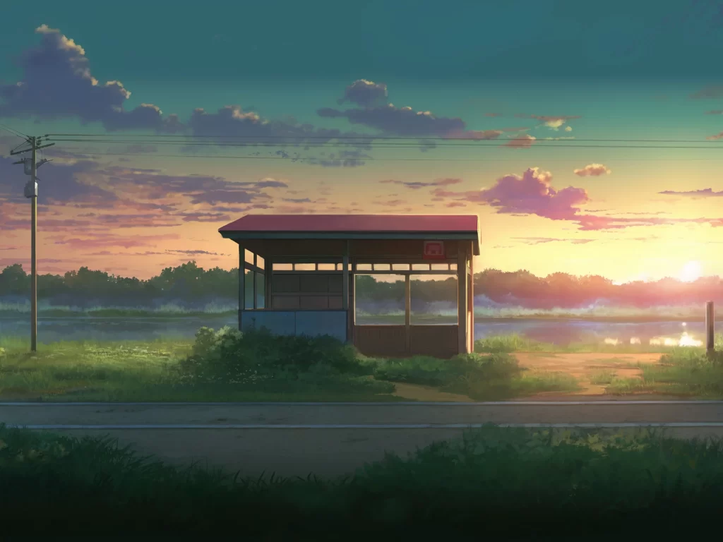 Bus Shelter Sunset Greenery Tranquility Pastel