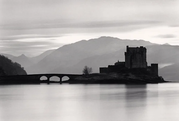 Castle Bridge Silhouette Misty Mountains Reflective Water