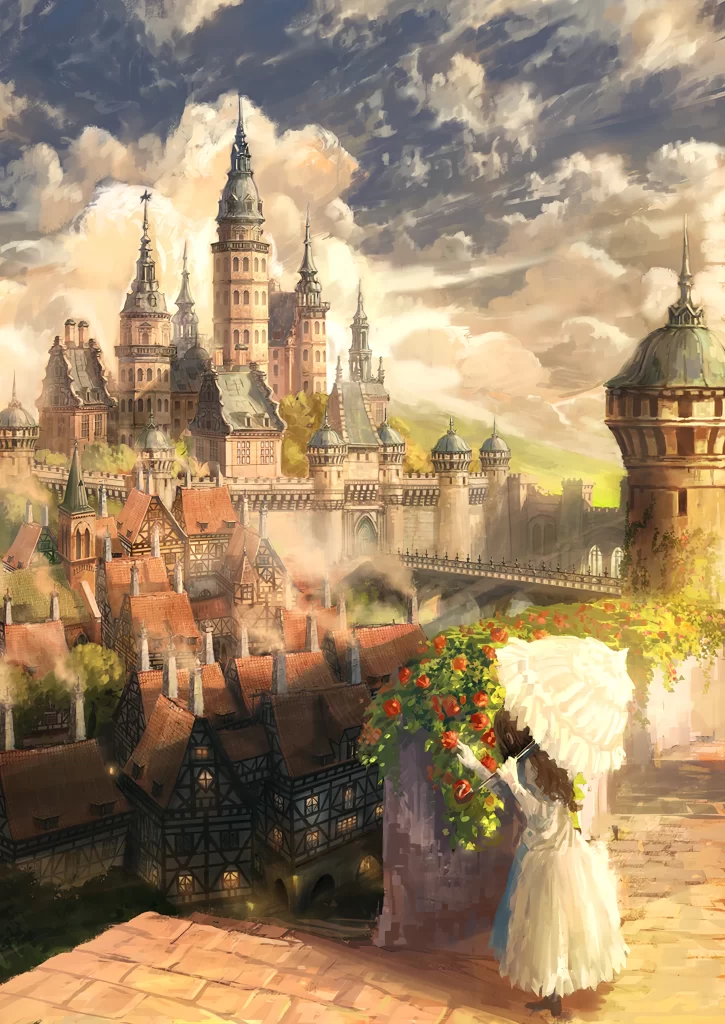 Castle Girl White Dress Umbrella Flowers