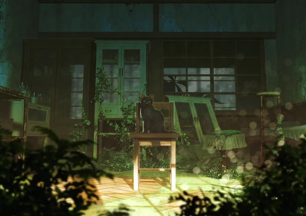 Cat Black Fur Chair Abandoned House