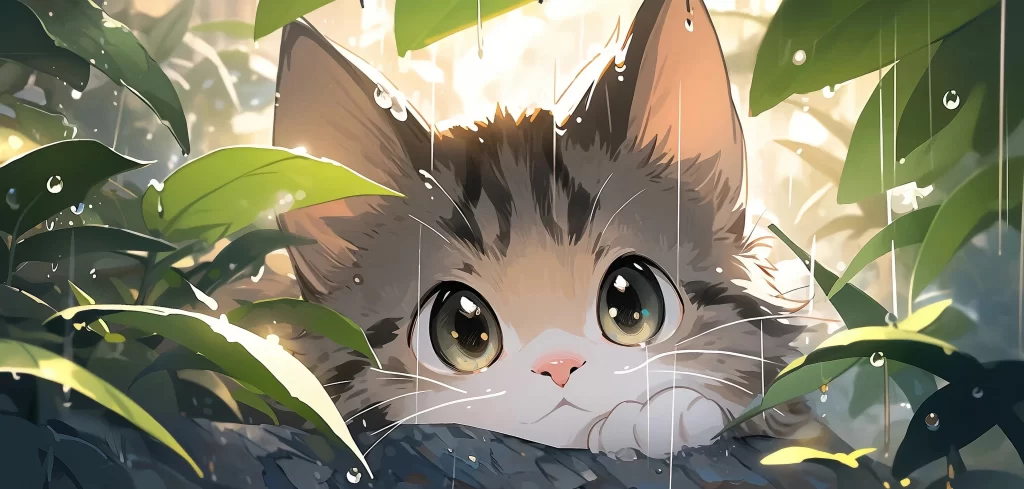 Cat Green Brown White Anime