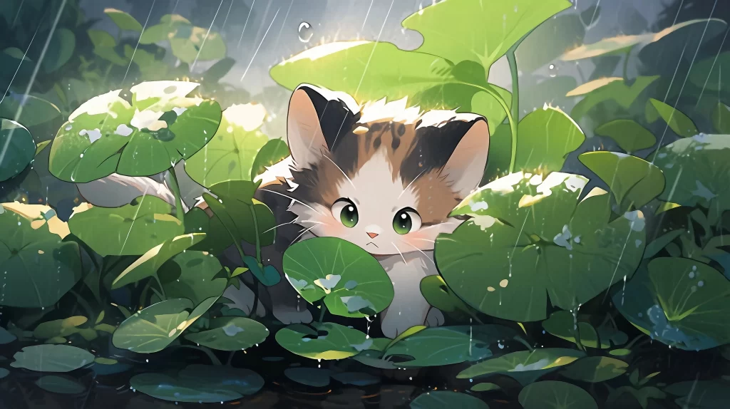 Cat Green Brown White Rainy Nature