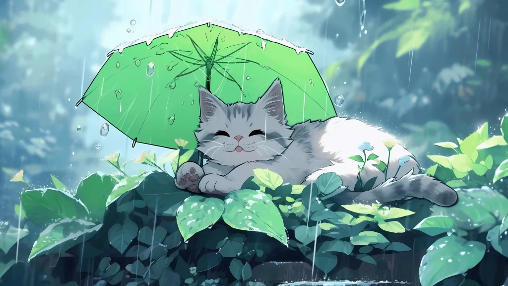 Cat Green White Blue Rainy Nature