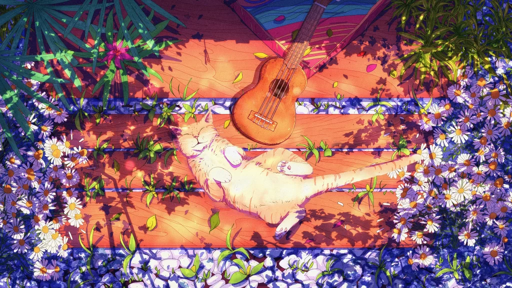 Cat Guitar Flowers Sunshine Relaxation Pastel