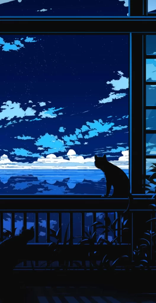 Cat Night Sky Blue Clouds Balcony