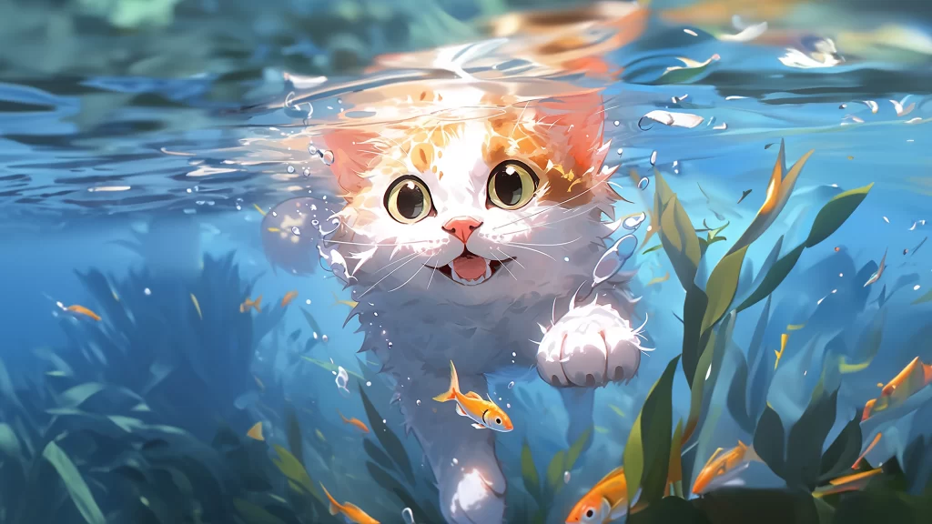 Cat Underwater Blue Green Orange Whimsical