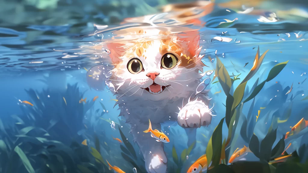 Cat Underwater Blue Green Fish Fantasy
