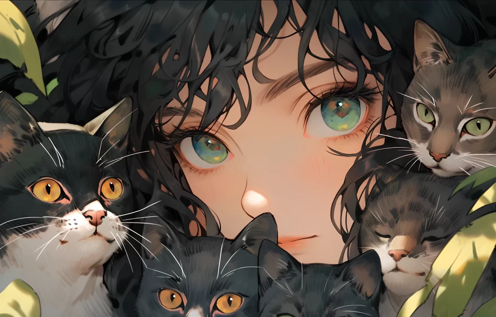 Cats Green Eyes Black Hair Pastel