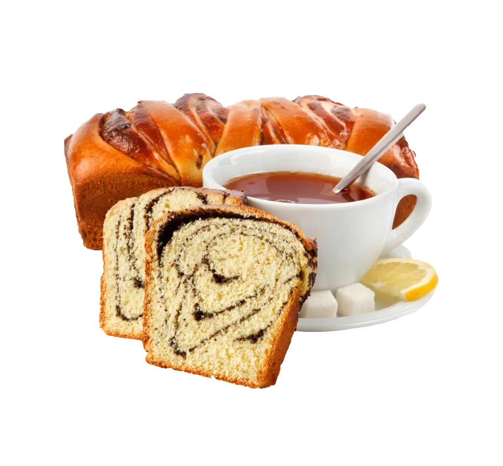 Challah Braided Sweet Bread Sliced Swirl Pattern Golden Brown Tea Cup