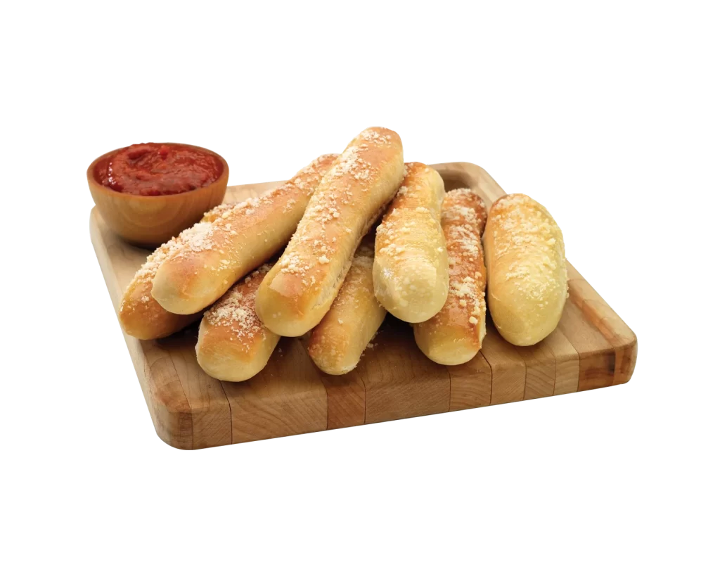 Cheese Breadsticks Golden Brown Crispy Toppings Wooden Tray Dipping Sauce