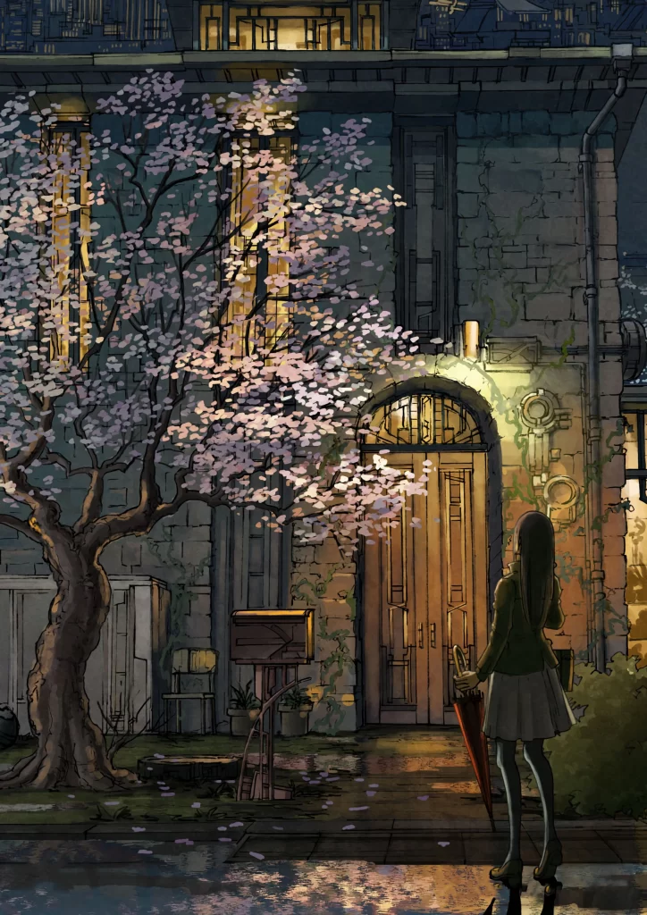 Cherry Blossom Pink Blue Nighttime Building