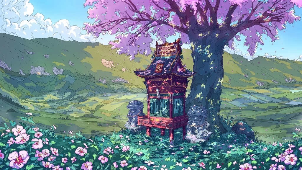 Cherry Blossom Shrine Vibrant Greens Pastel