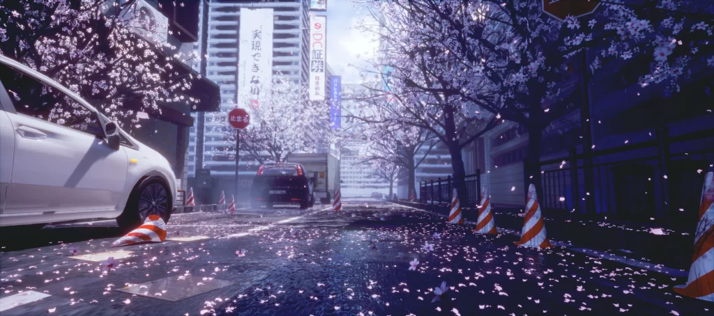 Cherry Blossoms Cityscape White Pink Blue