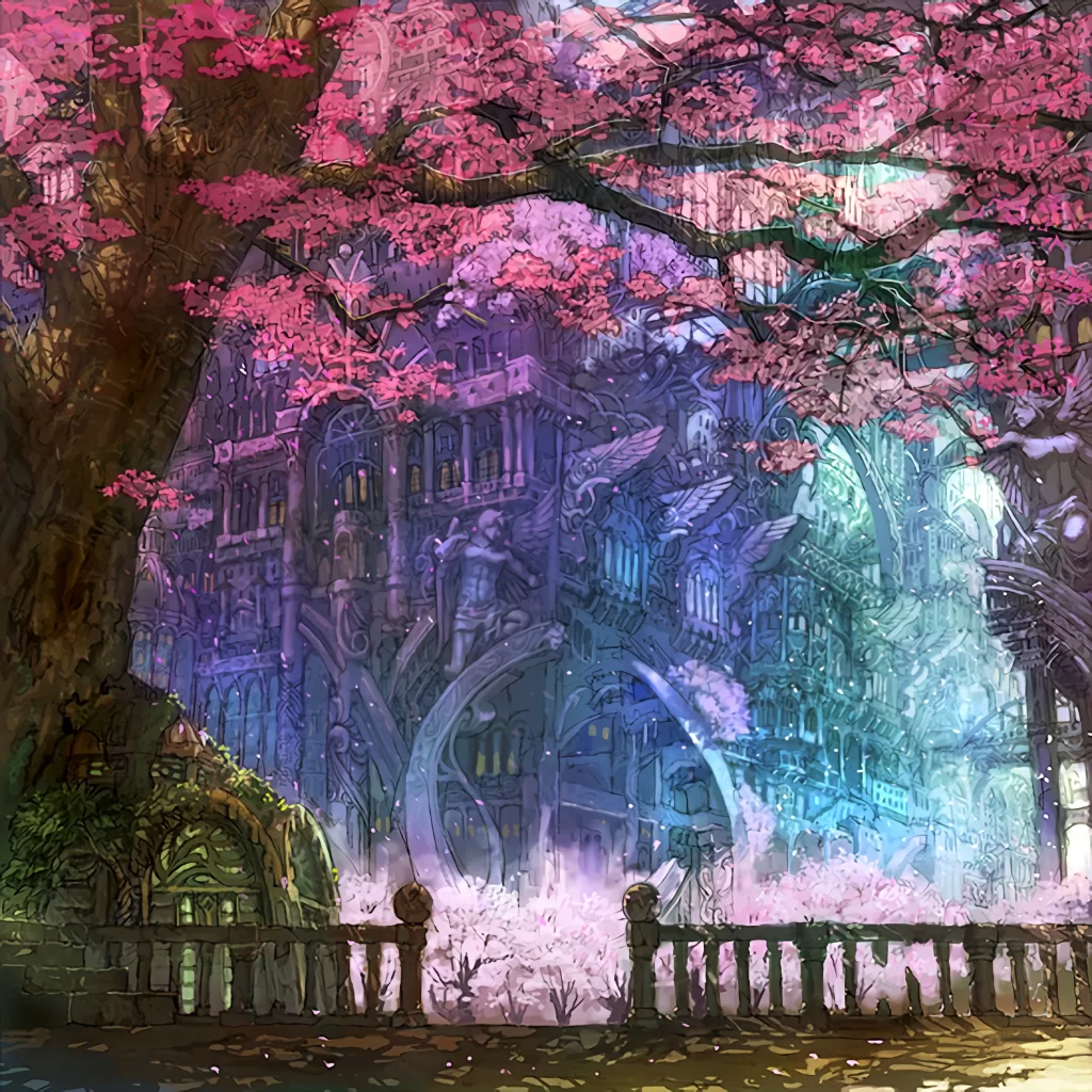 Cherry Blossoms Pink Blue Castle Trees