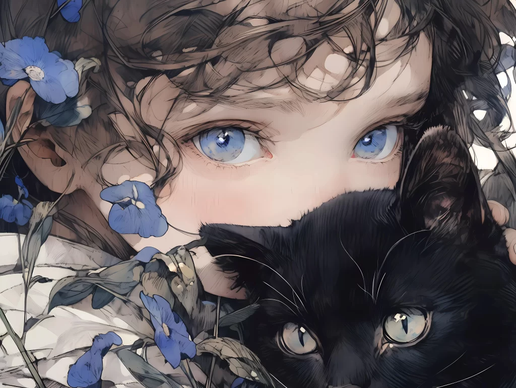 Child Black Cat Blue Flowers Pastel