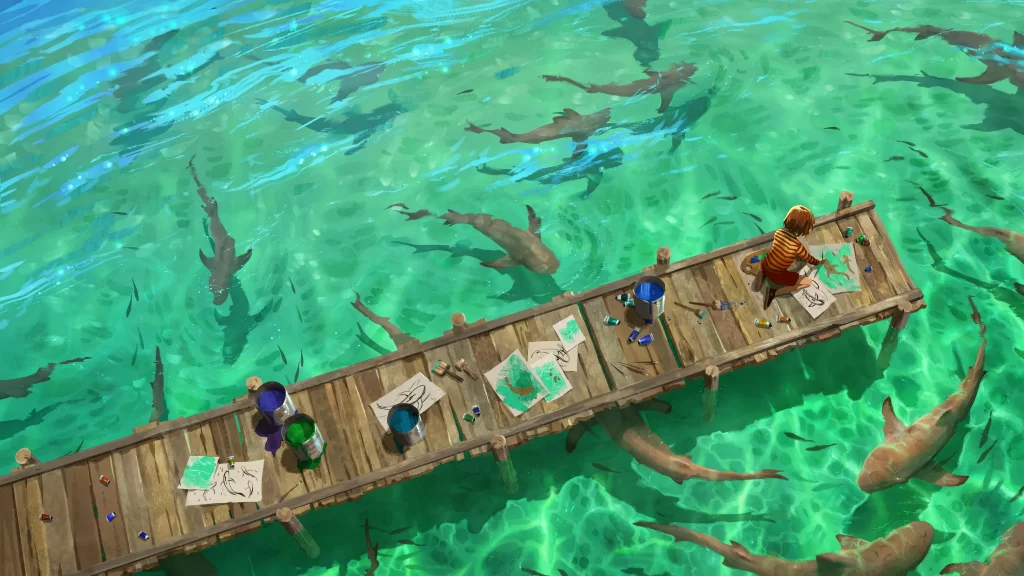Child Painting Sharks Blue Green Surreal